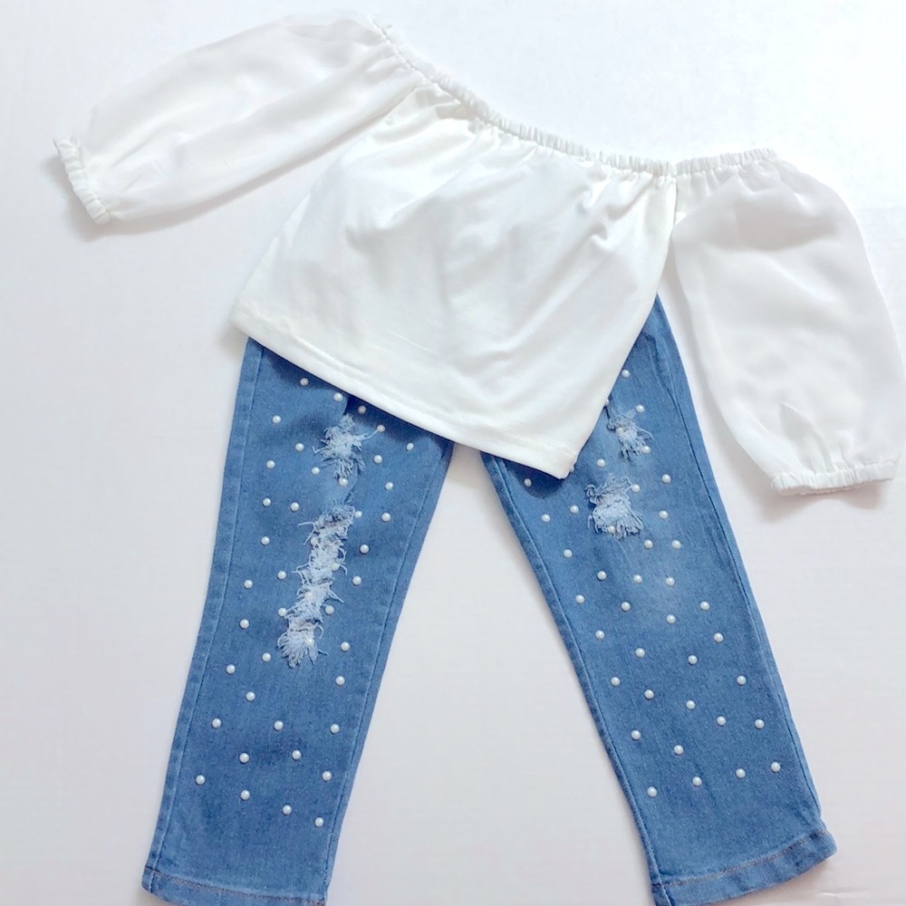 Kids Tales Pearl Distressed Jeans and White Top, Size 5 (see note below on size)